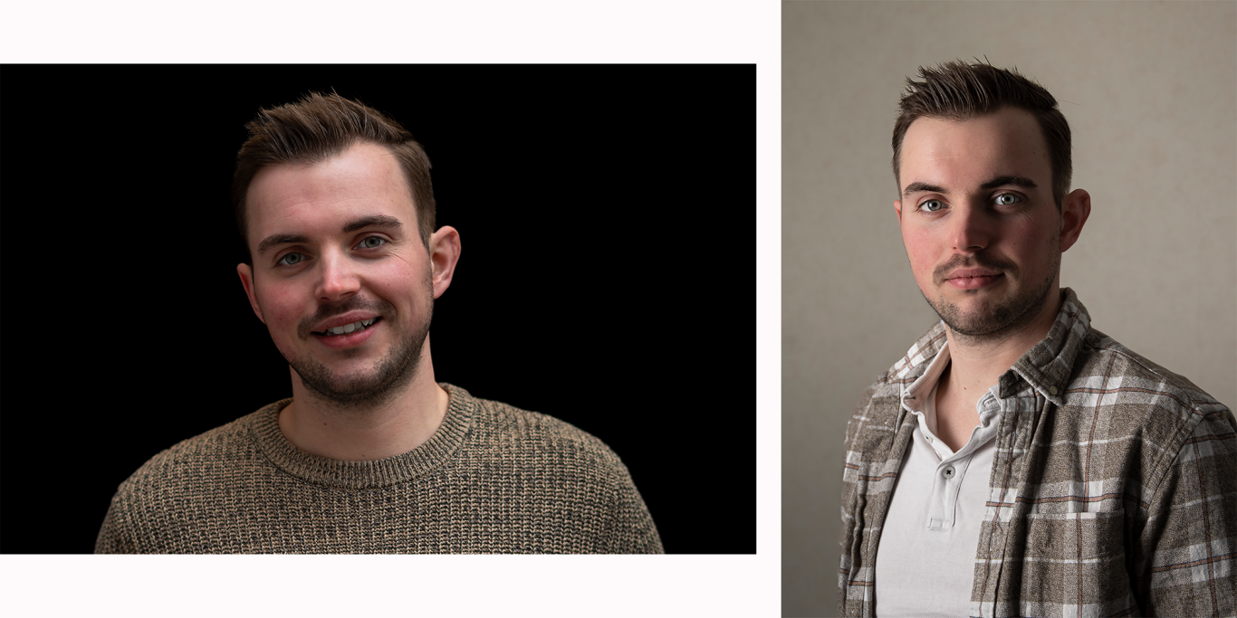 Junger Mann mit kurzem Bart, lächelnd, in zwei verschiedenen Portraits.