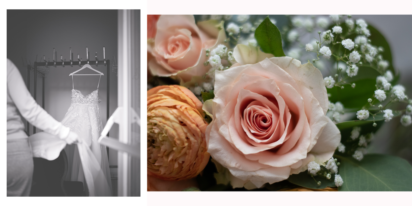 Hochzeitskleid Blumenstrauß detail Fotografie Eine Person hält ein Hochzeitskleid, daneben sind zarte Blumensträuße zu sehen.