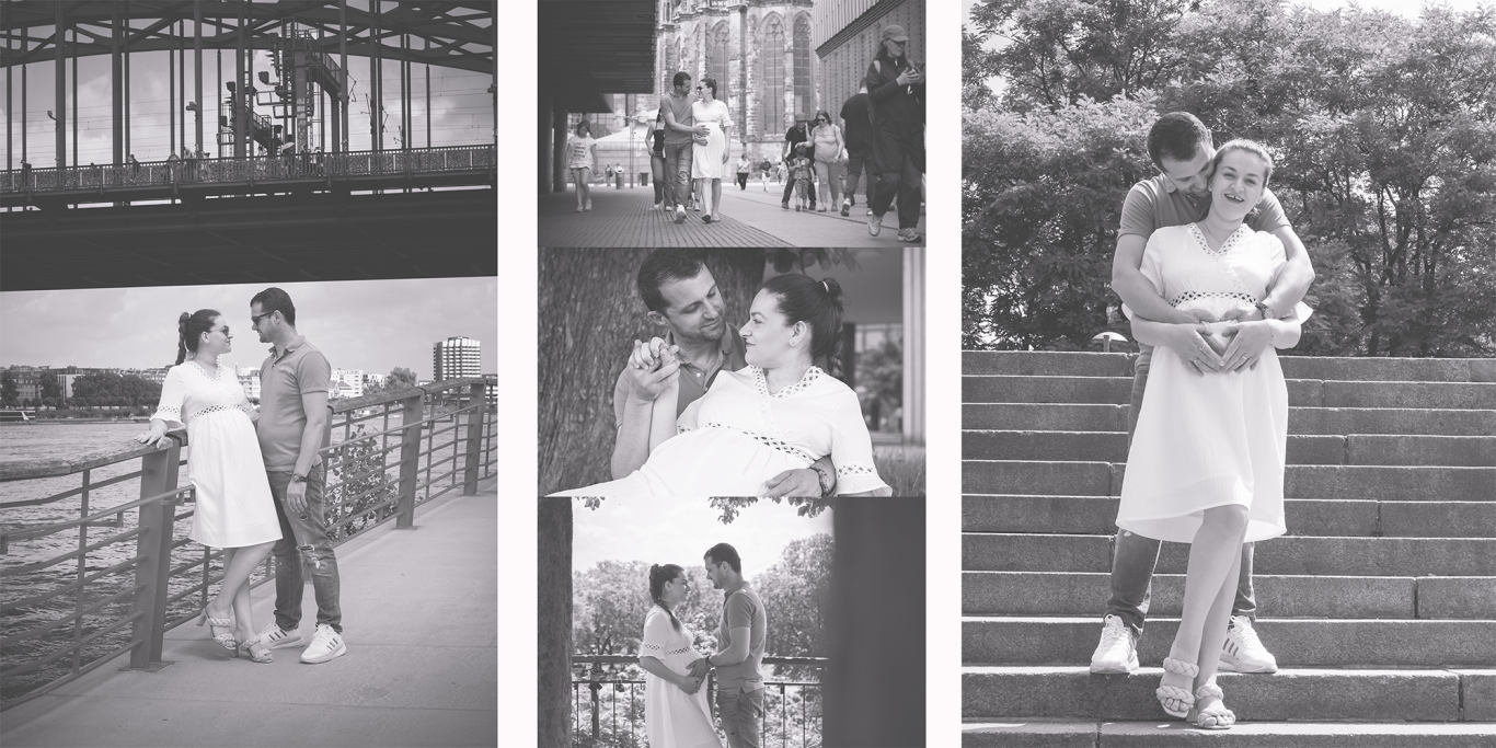 Paarshooting Köln am Rhein Schwarzweiss Eine Collage von Paaren in verschiedenen romantischen Momenten an urbanen Orten.