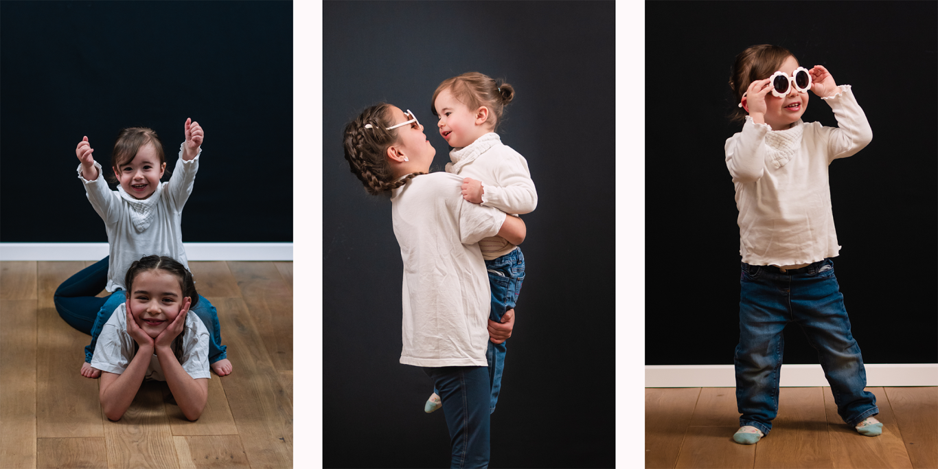 Familienshooting in Kerpen Drei Kinder in verschiedenen Posen: jubelnd, umarmend und mit Sonnenbrille.