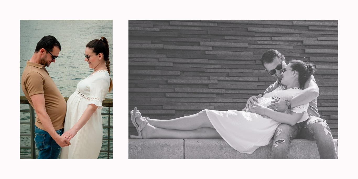 Paarshooting Babybauch Köln Ein Paar hält sich an den Händen, umrahmt von zwei verschiedenen Fotografien.