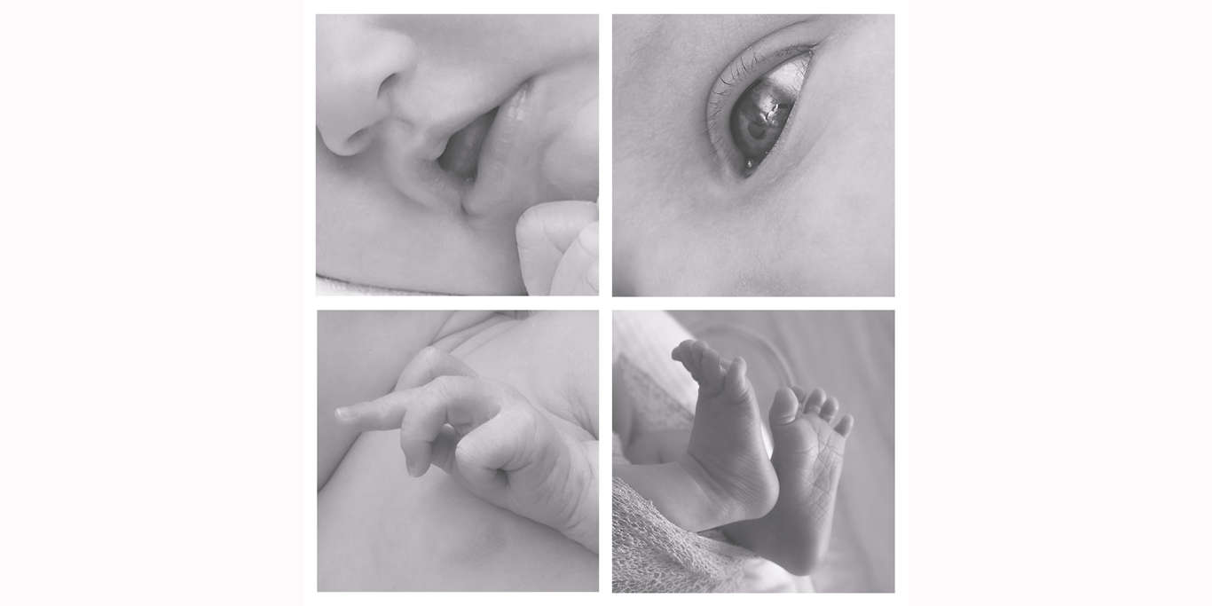 Nahaufnahme von einem Babygesicht, Händen und Füßen in einem viertel Bildformat.