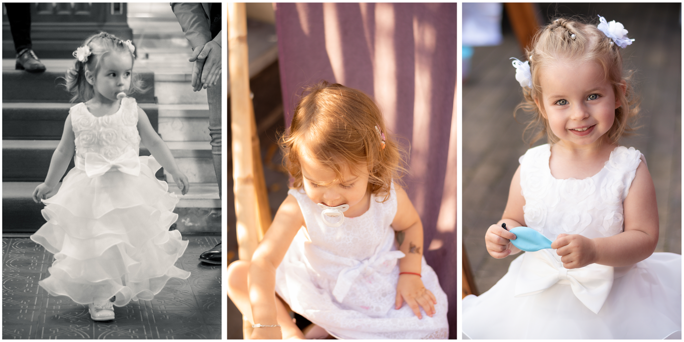 Drei Porträts eines kleinen Mädchens in einem weißen Kleid, fröhlich und verspielt.
