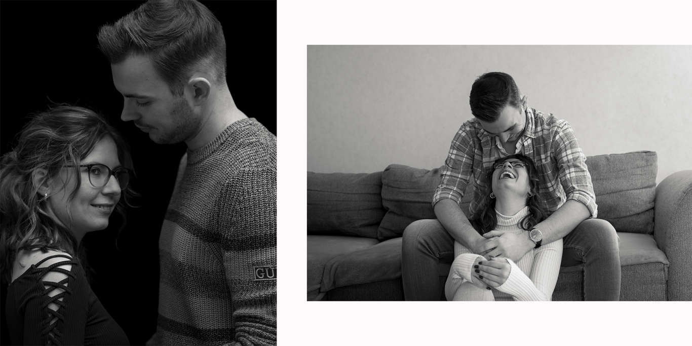 Schwarzweiss Paarshooting Gymnich Paar steht sich gegenüber und umarmt sich in zwei verschiedenen posaunierten Szenen.