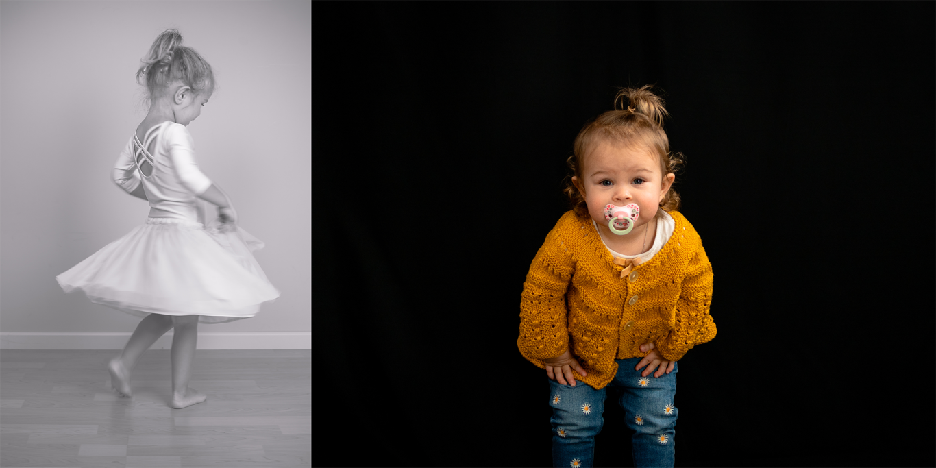 Ein kleines Mädchen tanzt, trägt ein weißes Kleid und sieht von der Seite aus. Rechts steht es in einem orangefarbenen Pullover.