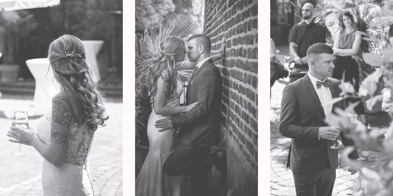 Hochzeit kommandeursburg Paarshooting Drei Szenen von einer Hochzeit: Braut mit Getränk, Paar umarmt sich, Bräutigam spricht.