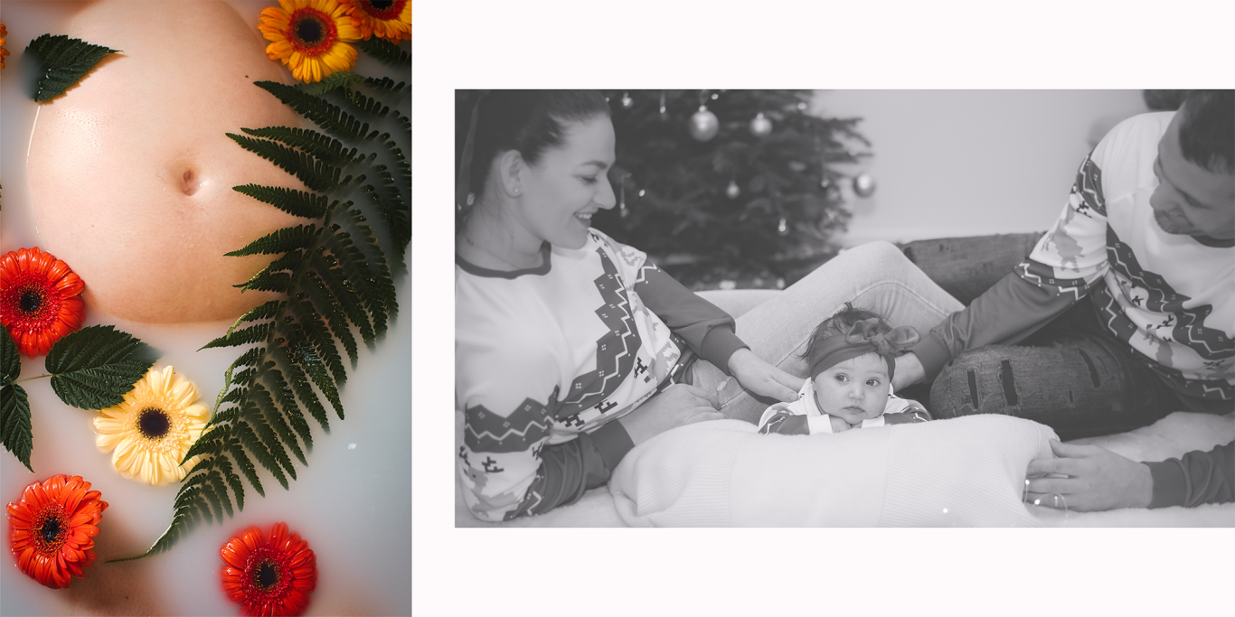 Schwangere Person mit bunten Blumen, daneben glückliche Familie mit Baby.